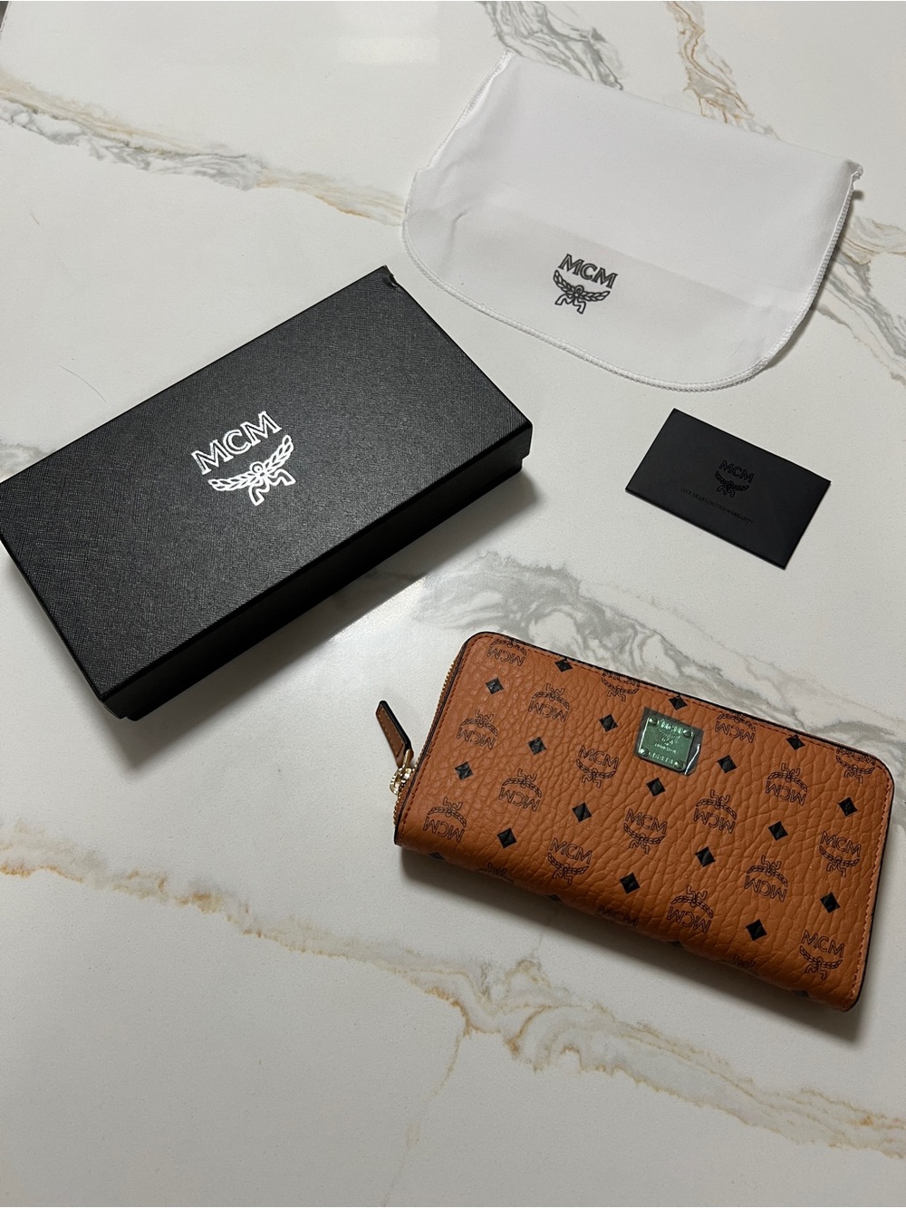 MCM Brown Visetos Zip Wallet with Gold-Tone Plaque